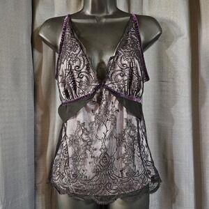 Moda International Black Lace Velvet Trim Camisole Top Purple Medium USA Made
